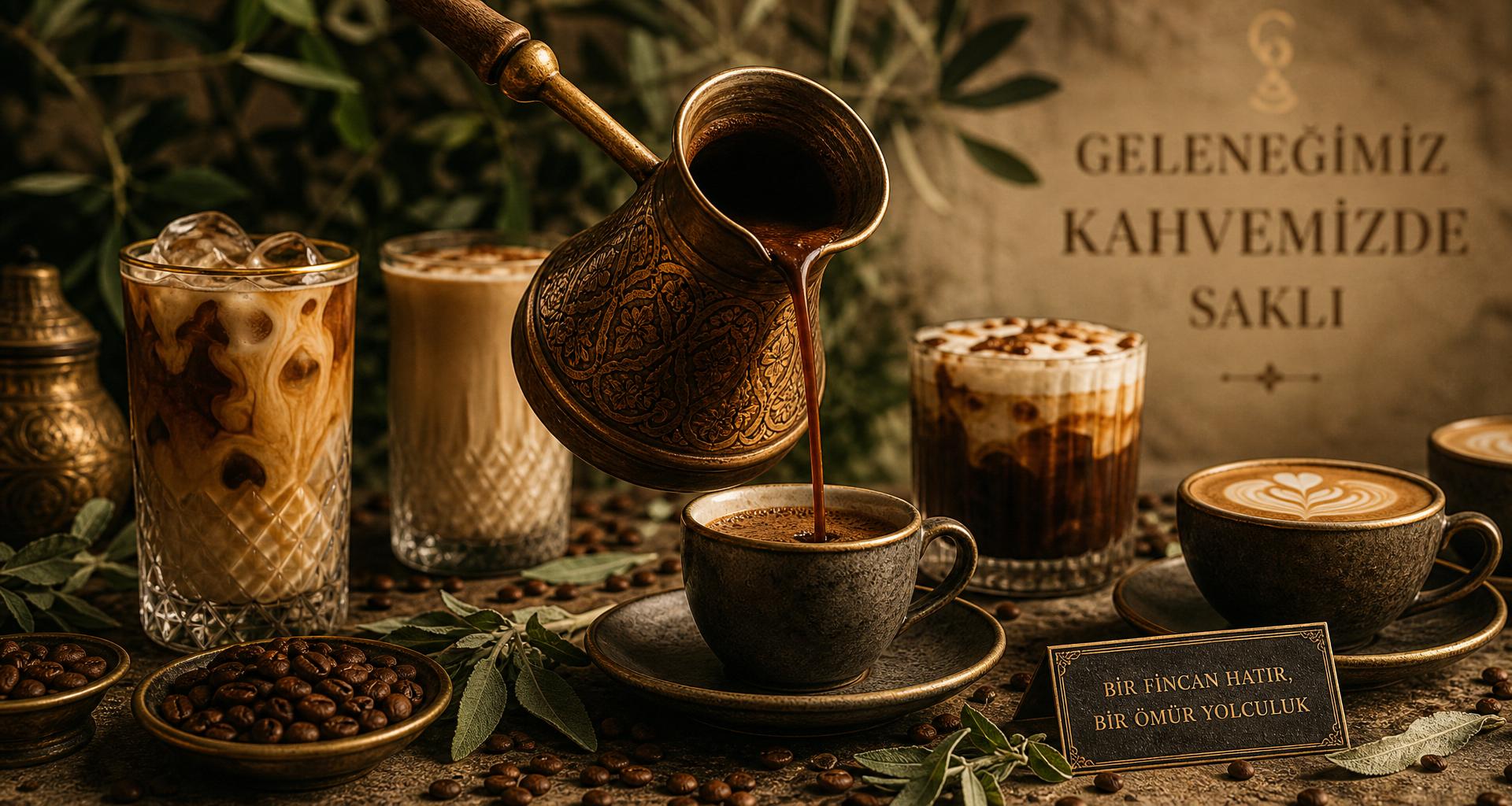 Turkish Cafe hero display with traditional Turkish coffee, iced specialty lattes, and hot coffees in warm cream, green, and gold tones